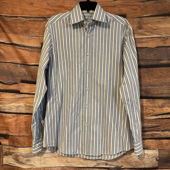 Bugatchi Shirt Large Mens Blue Striped Long Sleeve Button Up Geometric Flip Cuff - Picture 1 of 9